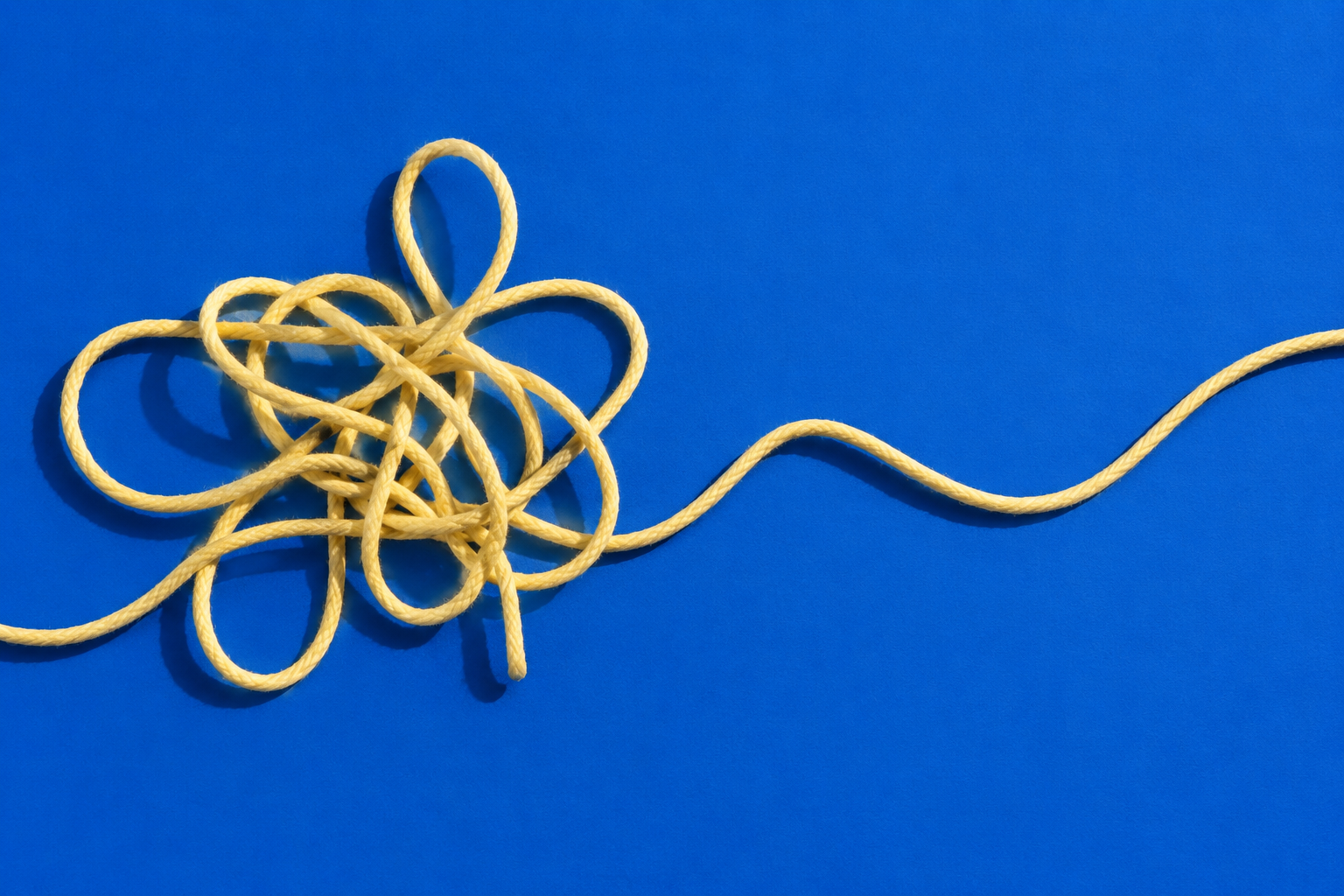A tangled cotton thread unwinds into a single loose strand on a blue surface
